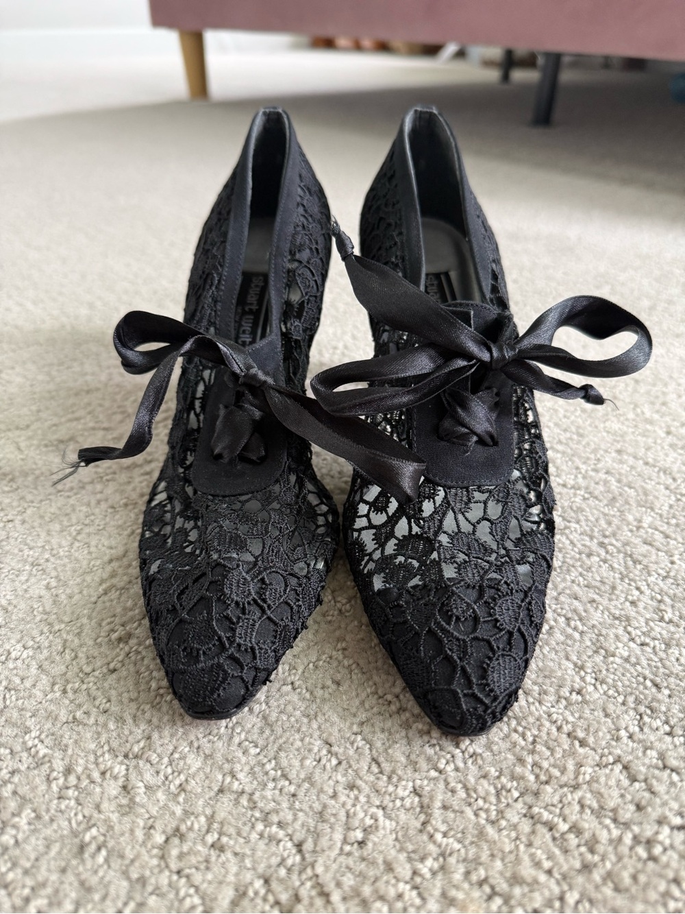 Stuart Weitzman Black Lace Pointed-Toe Heels with Satin Ribbon Tie